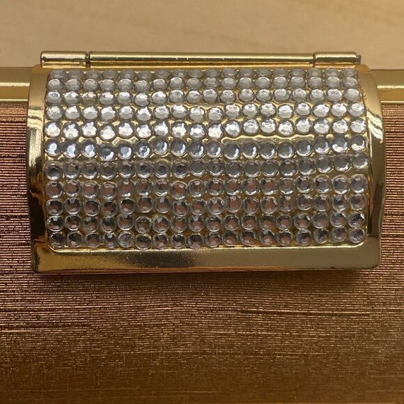 Gold Cylinder Clutch Purse With Rhinestone Clasp Closure & Chain Strap Sz S - Picture 7 of 9